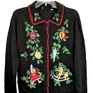Black Embroidered Christmas Holiday Themed Sweater Cardigan Size M/L? VTG